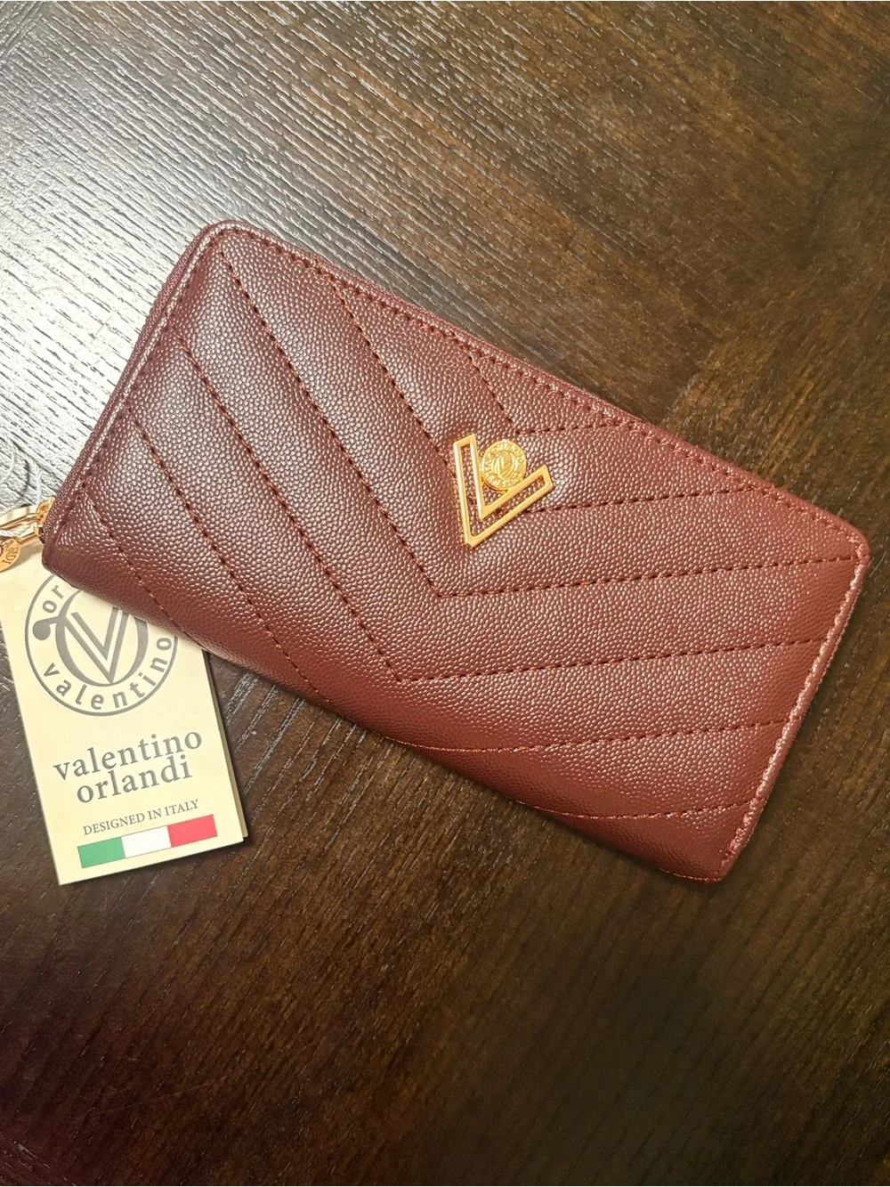Valentino Orlandi Brown Quilted Zip Card Holder with Gold Logo